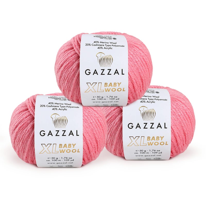 Gazzal 3 Pack (Ball) Gazzal Baby Wool XL Total 5.28 Oz / 328 Yrds, Each Ball 1.76 Oz (50g) / 109 Yrds (100m) Super Soft, Medium-Worsted Yarn, 40% Lana Merino 20% Cashmere Type Polyamide, Pink - 828 - Image 1